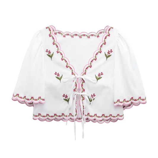 same ANTHEM. Lace-Up Embroidered V-Neck Top – Soulmate Streetwear - white / S