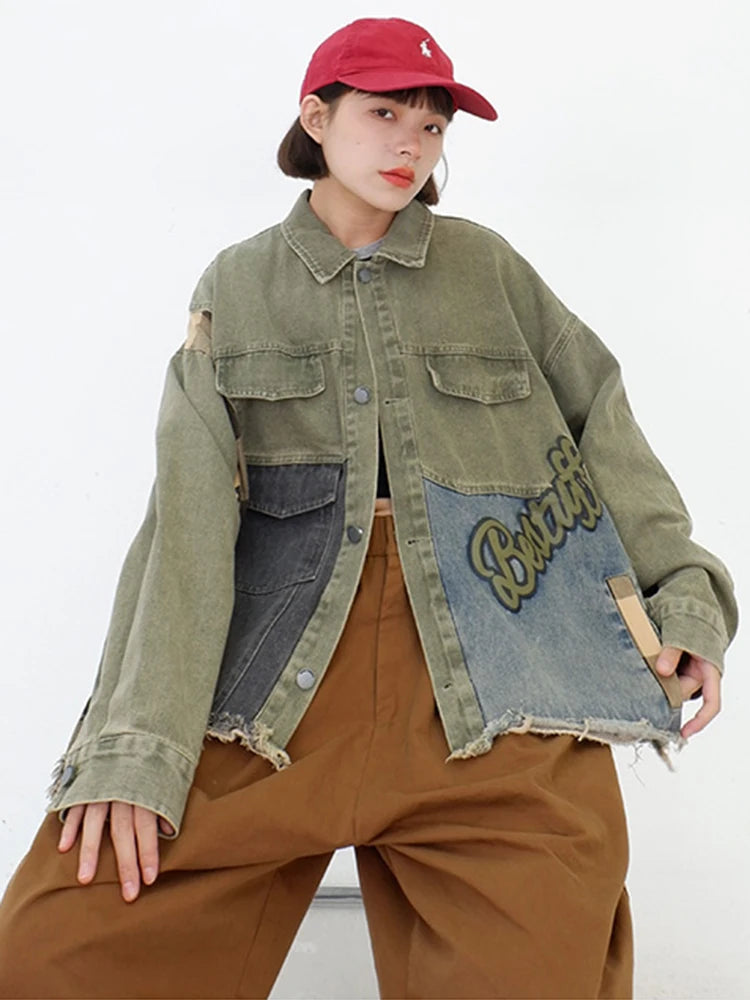 same ANTHEM. Patchwork Denim Streetwear Jacket – Loose Fit for Soulmates & Besties