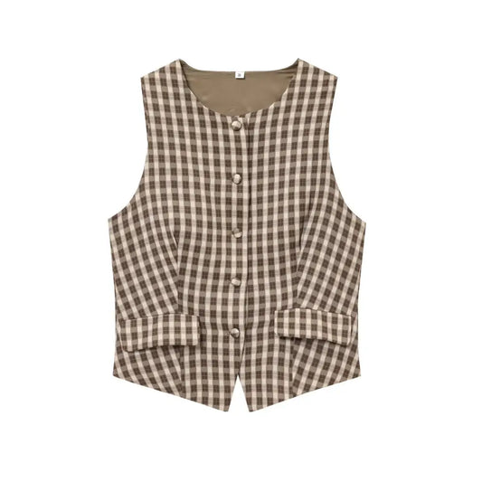 same ANTHEM. Soulmate Plaid Vest – Cinched Sleeveless Streetwear Top for Women - camel / S