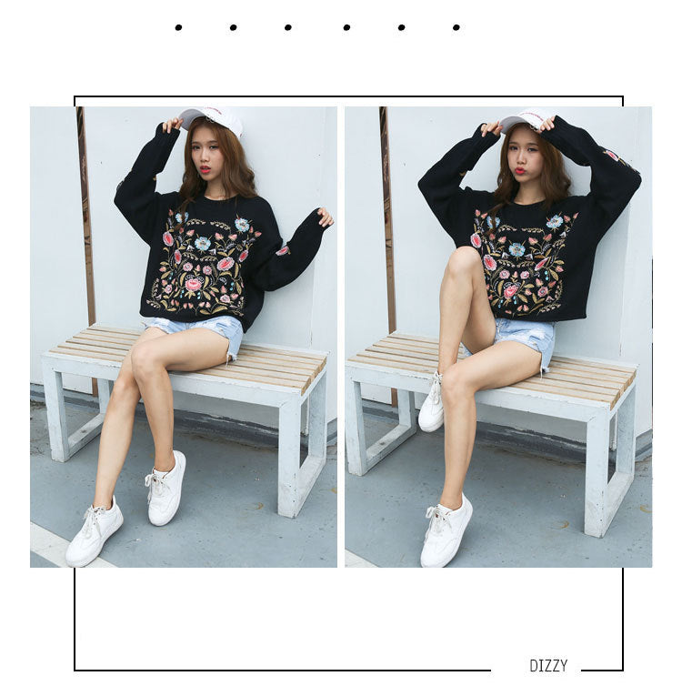 same ANTHEM. Vintage Flower Embroidery Sweater – Korean Autumn Soulmate Streetwear - black / One Size