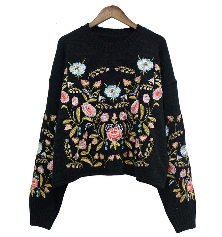 same ANTHEM. Vintage Flower Embroidery Sweater – Korean Autumn Soulmate Streetwear - black / One Size