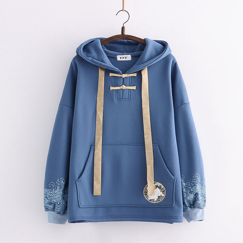 same ANTHEM. Wave Print Fleece Hoodie – Chinese Tradition Meets Soulmate Streetwear - Dark Blue / One size