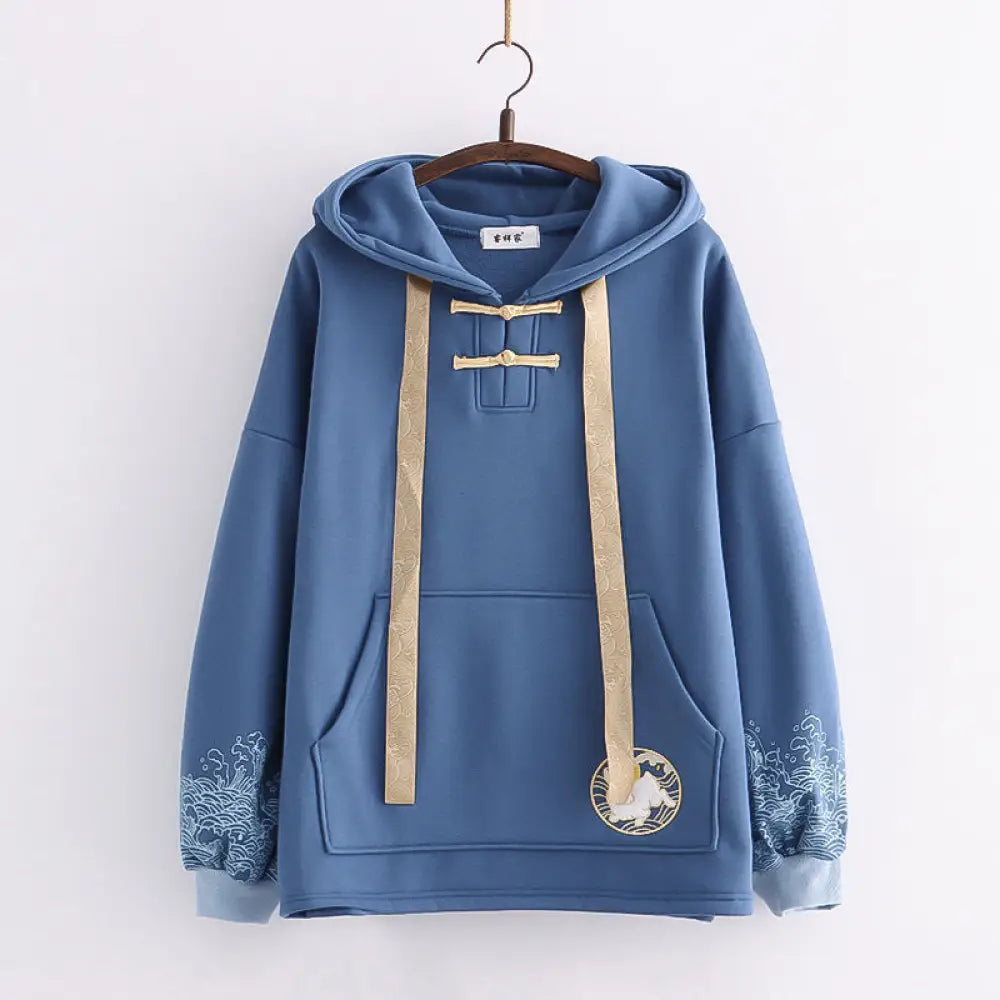 same ANTHEM. Wave Print Fleece Hoodie – Chinese Tradition Meets Soulmate Streetwear - Dark Blue / One size