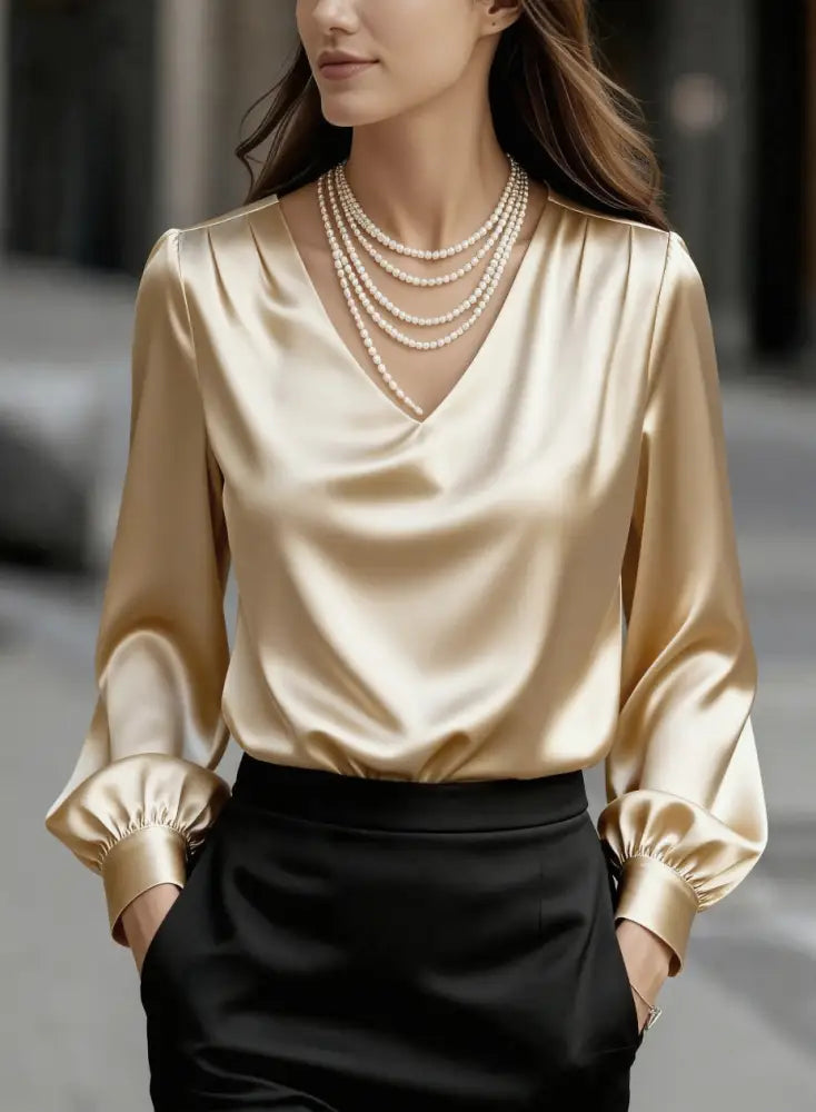 French-style Elegant And Sophisticated Satin Long-sleeve Blouse With Bubble Sleeves And A V-neck - Apricot / L - Top
