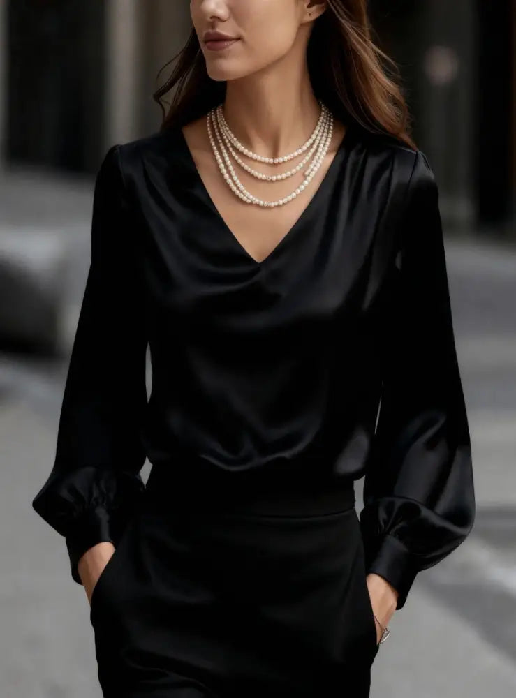 French-style Elegant And Sophisticated Satin Long-sleeve Blouse With Bubble Sleeves And A V-neck - Black / L - Top
