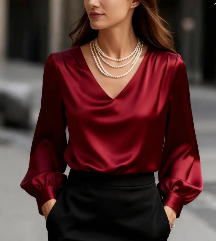 French-style Elegant And Sophisticated Satin Long-sleeve Blouse With Bubble Sleeves And A V-neck - Red / L - Top