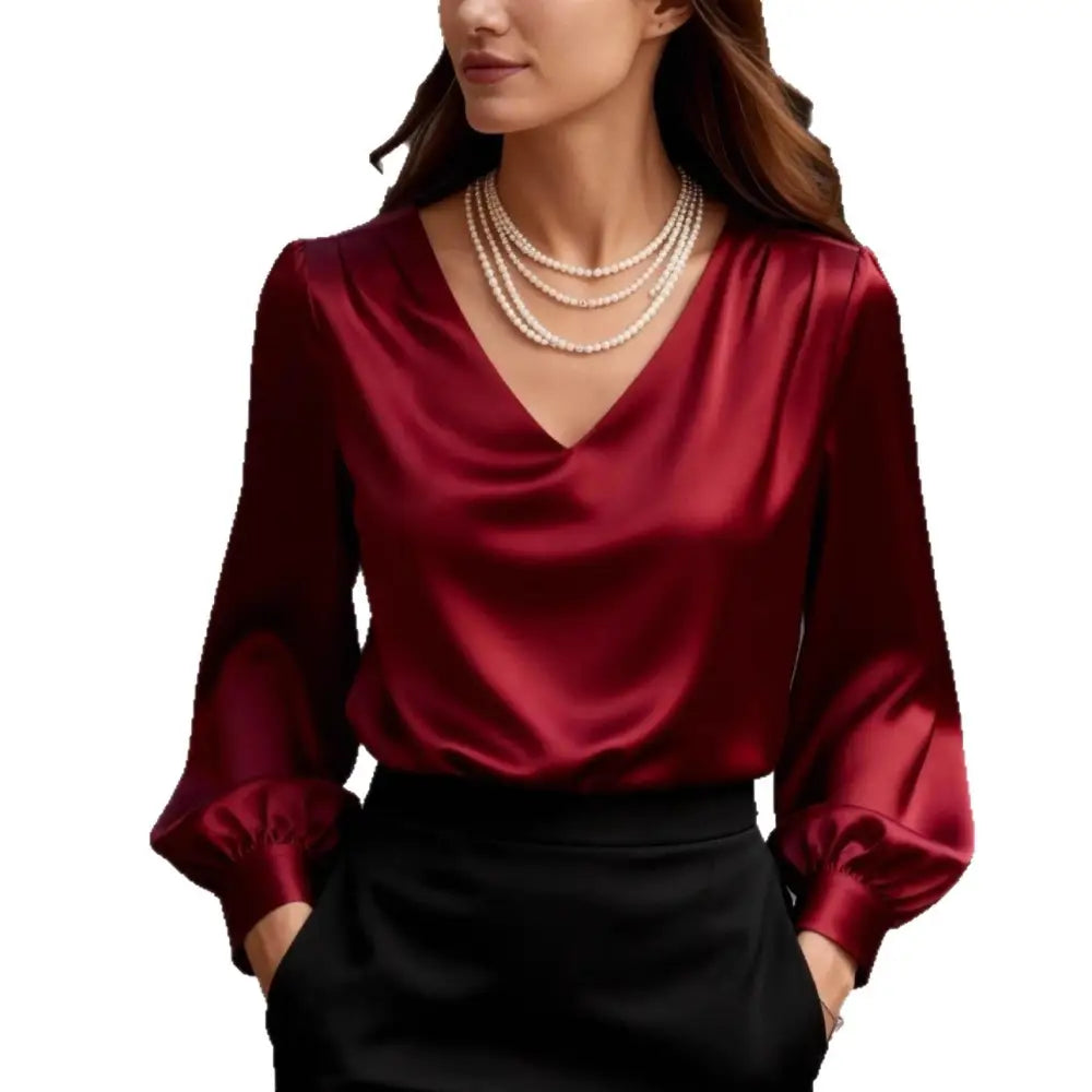 French-style Elegant And Sophisticated Satin Long-sleeve Blouse With Bubble Sleeves And A V-neck - Top