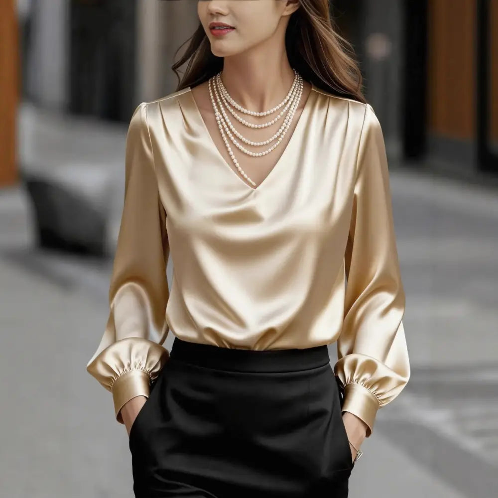 French-style Elegant And Sophisticated Satin Long-sleeve Blouse With Bubble Sleeves And A V-neck - Top