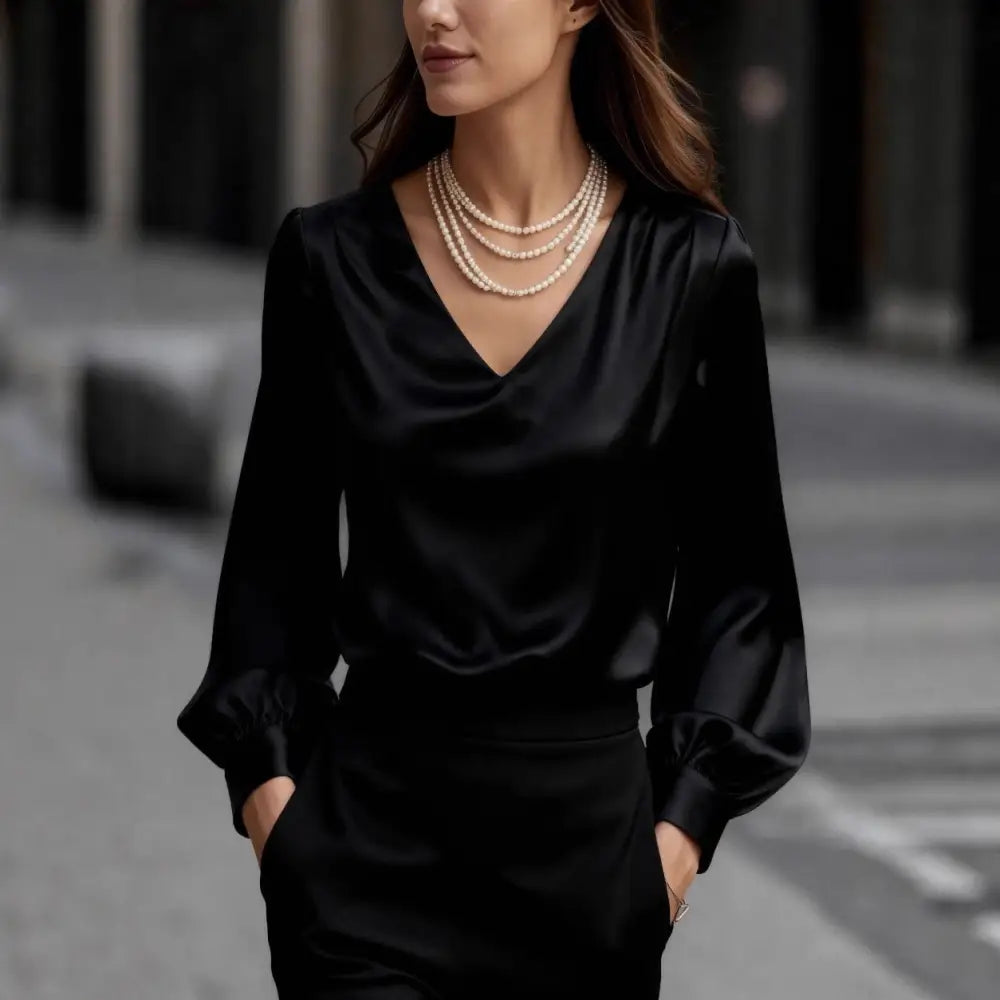 French-style Elegant And Sophisticated Satin Long-sleeve Blouse With Bubble Sleeves And A V-neck - Top