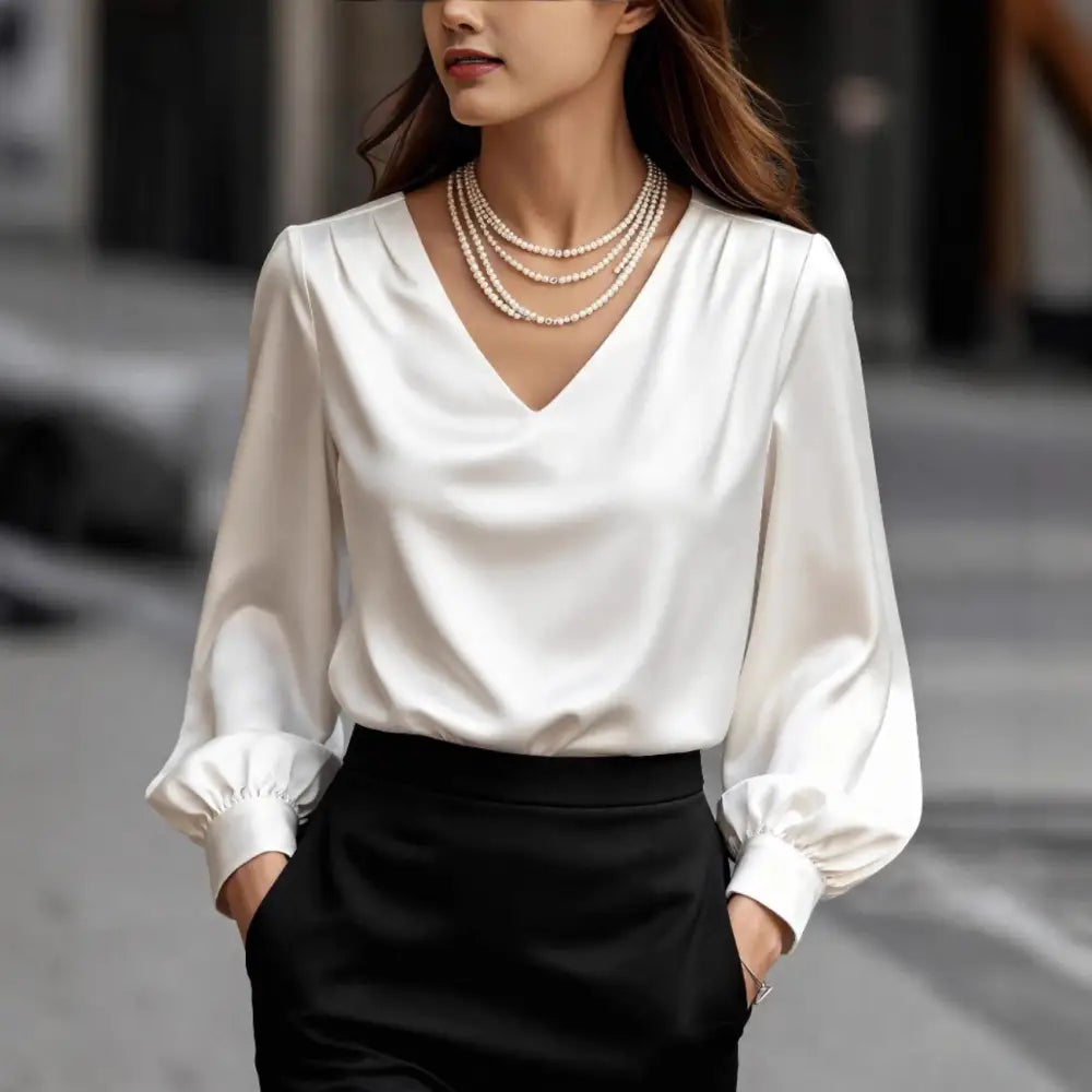 French-style Elegant And Sophisticated Satin Long-sleeve Blouse With Bubble Sleeves And A V-neck - Top