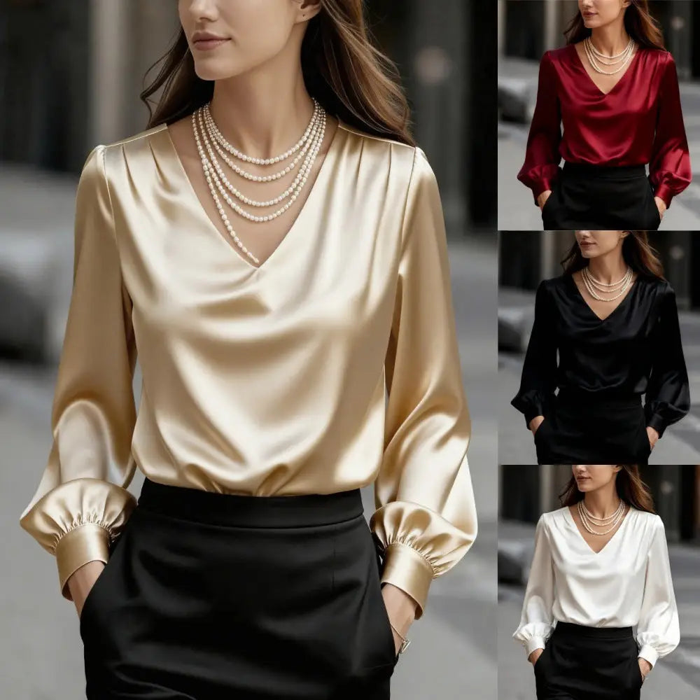 French-style Elegant And Sophisticated Satin Long-sleeve Blouse With Bubble Sleeves And A V-neck - Top