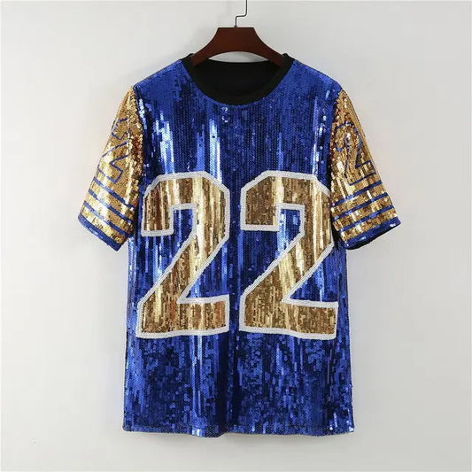 Sequin Sports Jersey Top for Women | Trendy Streetwear | same ANTHEM. - BLUE / One Size
