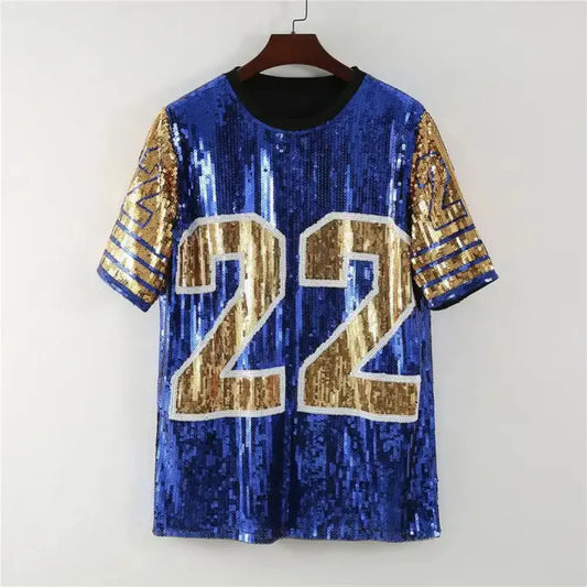 Sequin Sports Jersey Top for Women | Trendy Streetwear | same ANTHEM. - BLUE / One Size