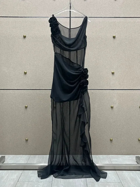 Sheer Floral Ruffle Maxi Dress – Dreamy Summer Gown | same ANTHEM - black / S