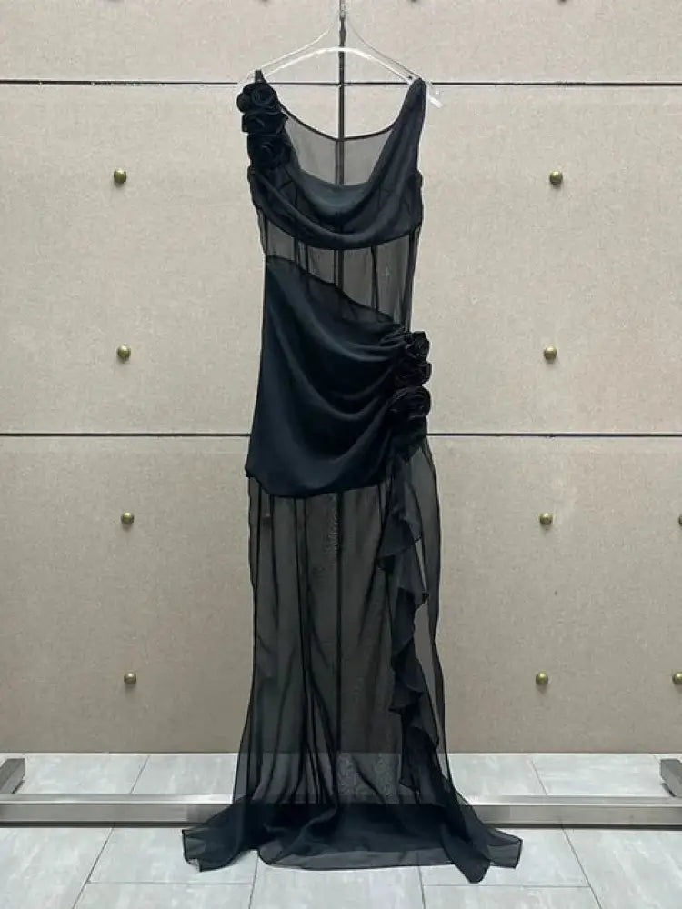 Sheer Floral Ruffle Maxi Dress – Dreamy Summer Gown | same ANTHEM - black / S