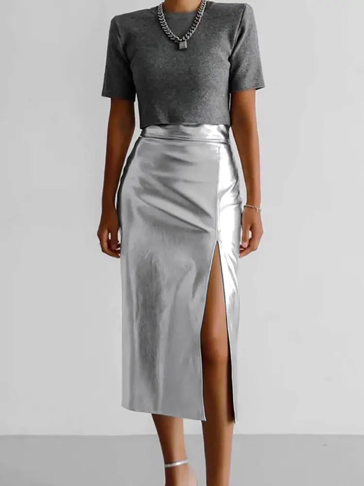 Shiny PU Leather Skirt Women | High Waist Luxury Streetwear | same ANTHEM. - silvery / S