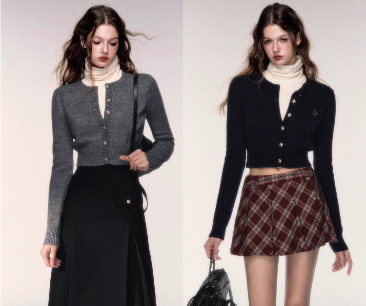 Short Round Neck Wool Sweater Cardigan Coat - Bag