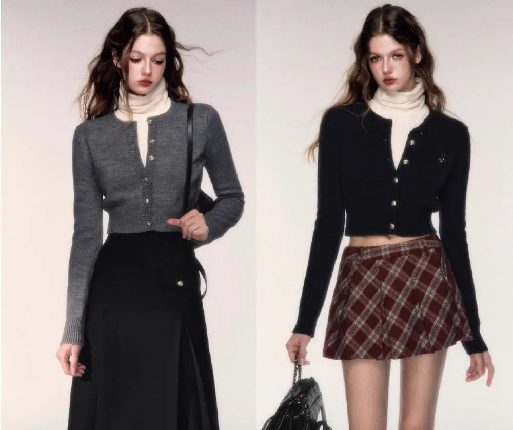 Short Round Neck Wool Sweater Cardigan Coat - Bag