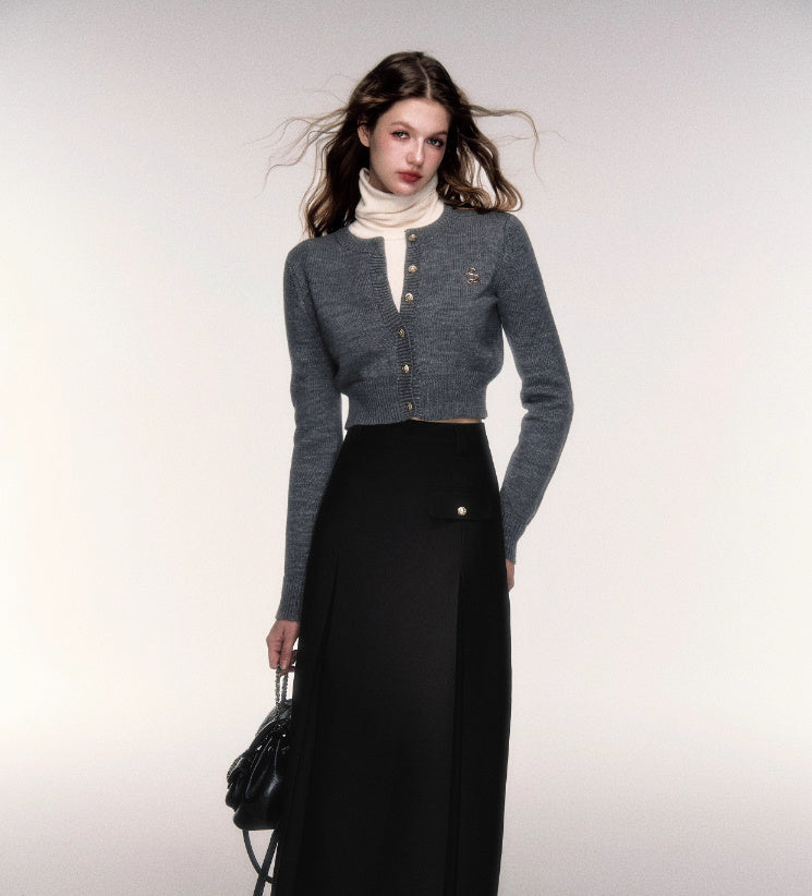 Short Round Neck Wool Sweater Cardigan Coat - Bag