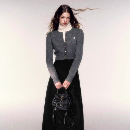 Short Round Neck Wool Sweater Cardigan Coat - Bag