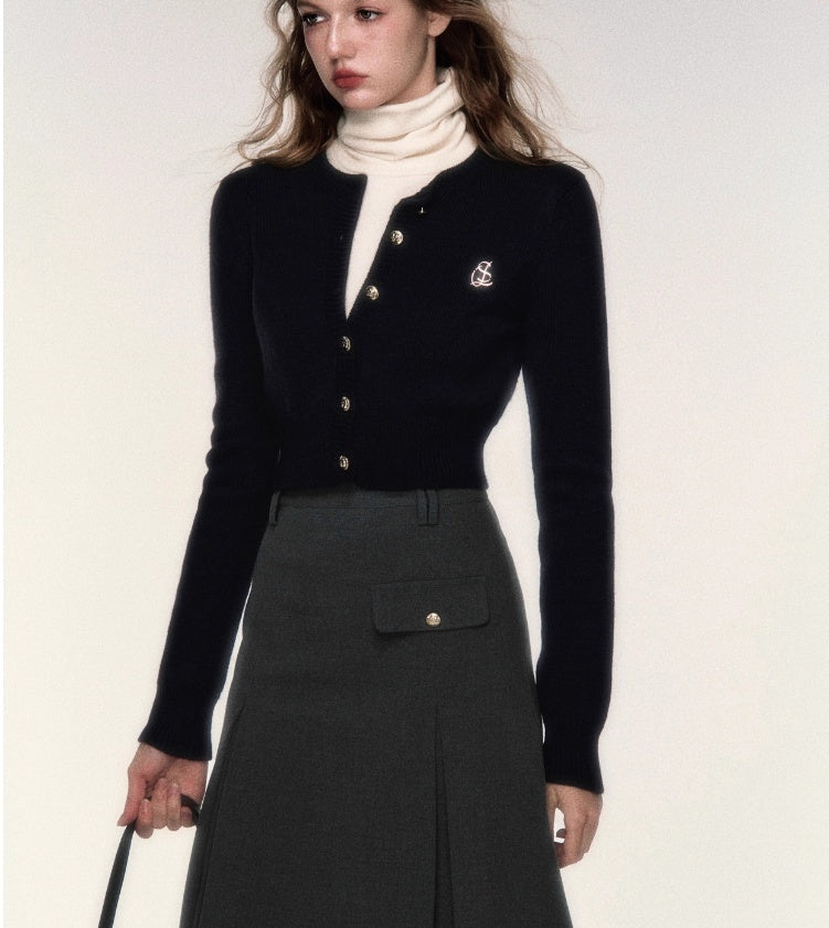 Short Round Neck Wool Sweater Cardigan Coat - Bag