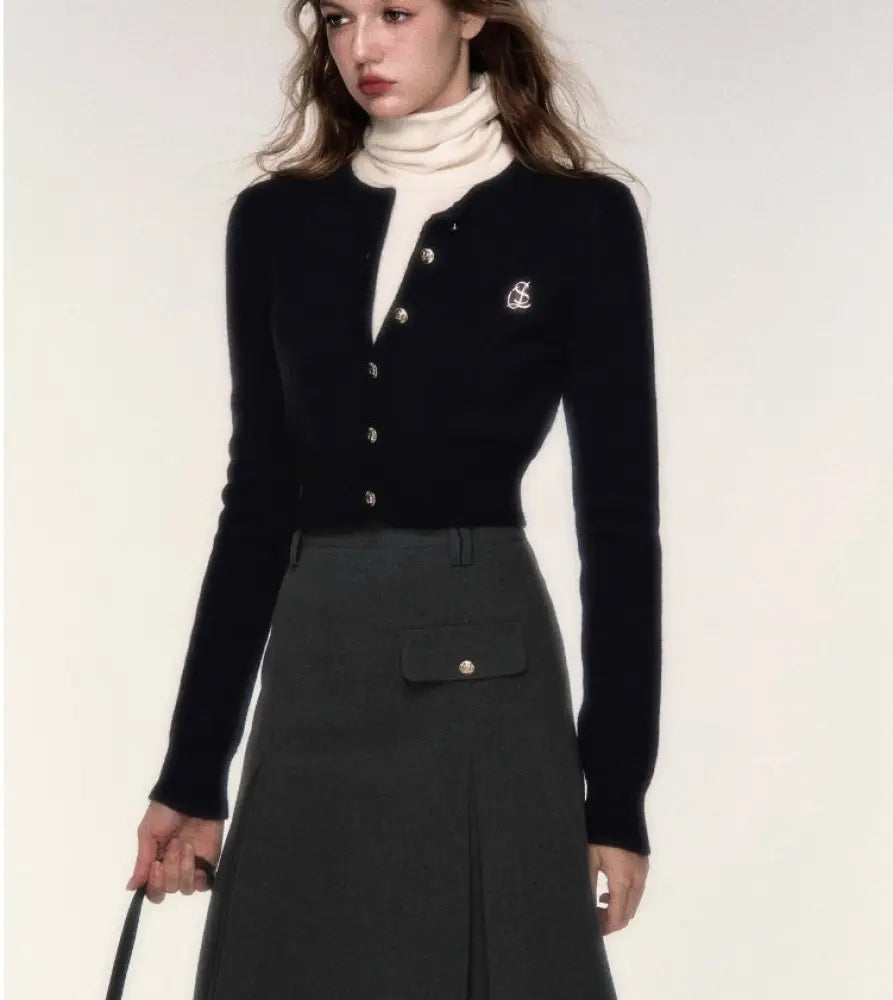 Short Round Neck Wool Sweater Cardigan Coat - Bag