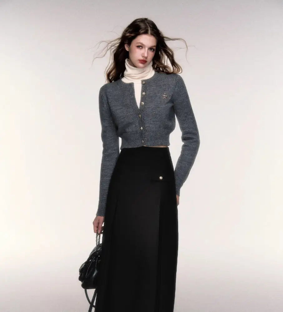 Short Round Neck Wool Sweater Cardigan Coat - Bag