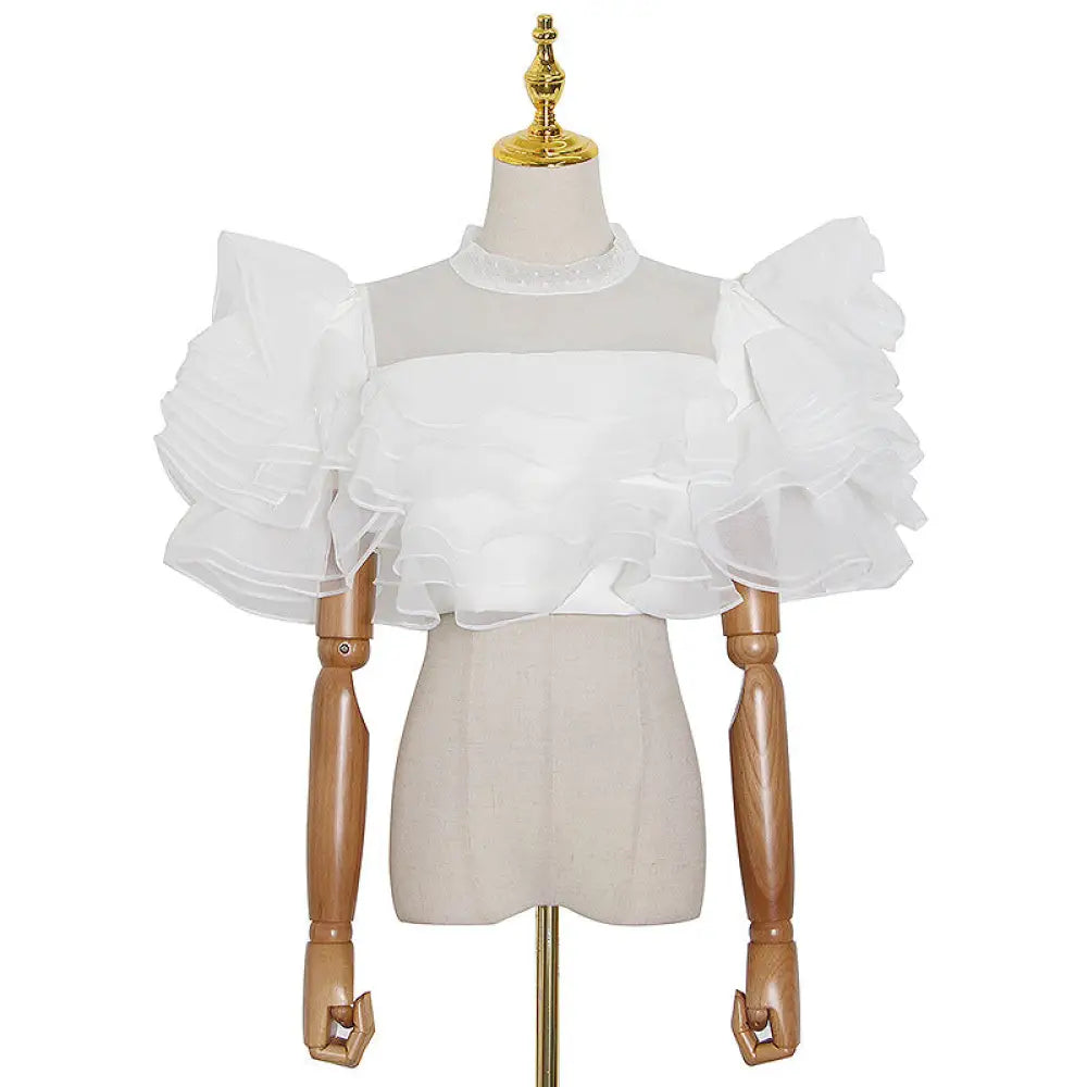 Short Ruffled Mesh Top | same ANTHEM. - White / L - Top