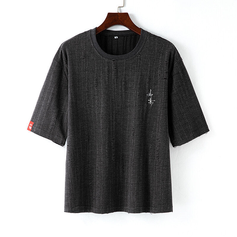 Short Sleeve Embroidered T-Shirt – Breathable Streetwear with Distressed Detail | same ANTHEM