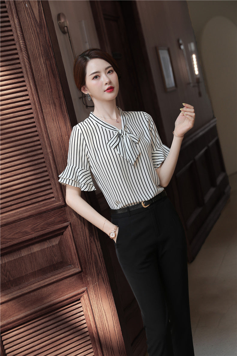 Short-Sleeved Korean Business Shirt – Elegant Summer Work Top | same ANTHEM - Black and white / 2XL