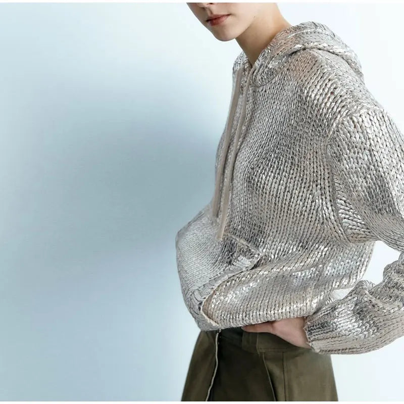 Silver Metallic Hooded Knit Sweater – Dreamy Streetwear | same ANTHEM