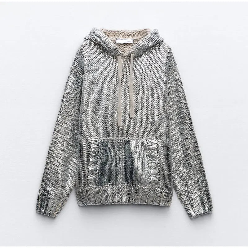 Silver Metallic Hooded Knit Sweater – Dreamy Streetwear | same ANTHEM