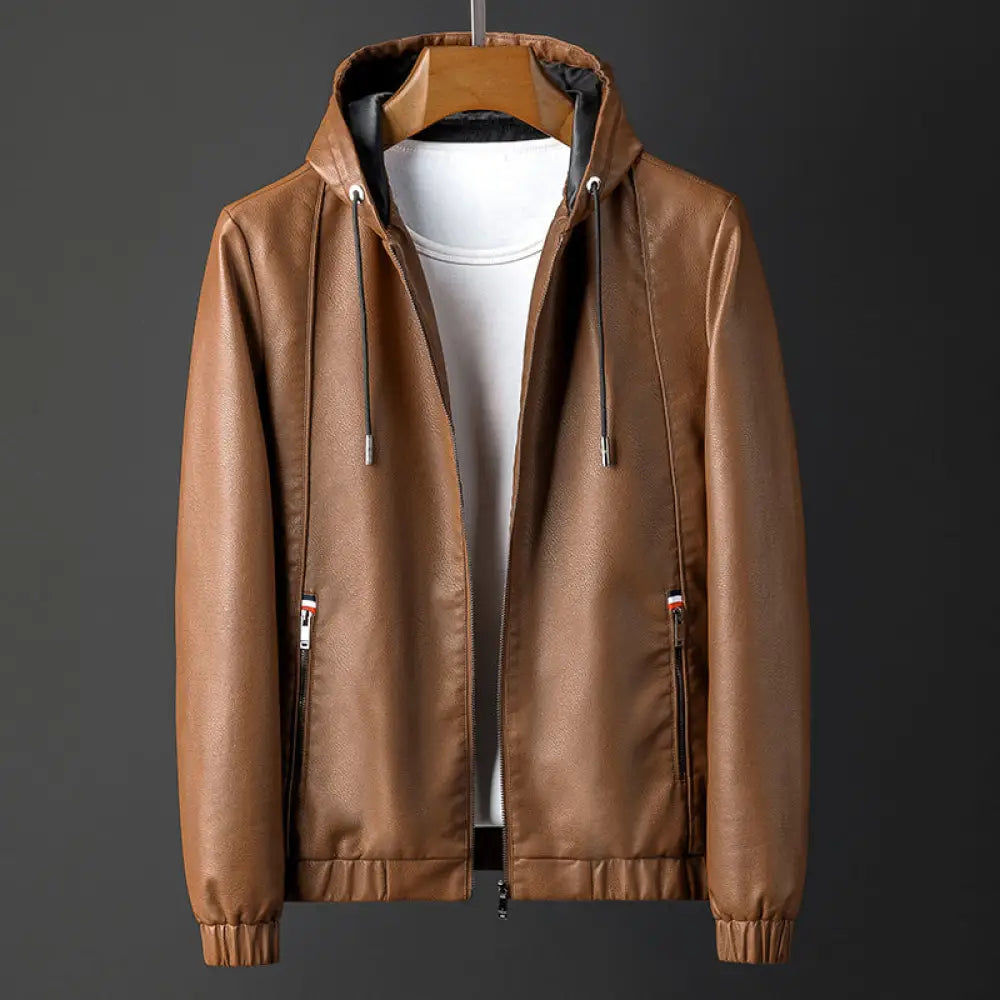Slim-Fit Hooded Leather Jacket Men – Classic Casual Streetwear | same ANTHEM - Yellowish Brown / 2XL
