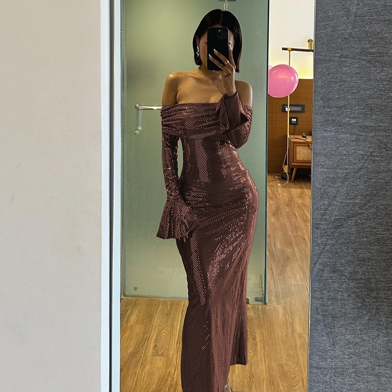 Slim-fit Off-Neck Panel Pressing Dress – Women’s Streetwear | same ANTHEM - Brown / L
