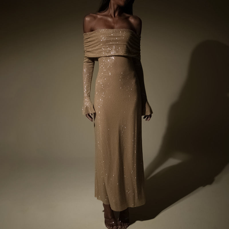 Slim-fit Off-Neck Panel Pressing Dress – Women’s Streetwear | same ANTHEM - Khaki / L