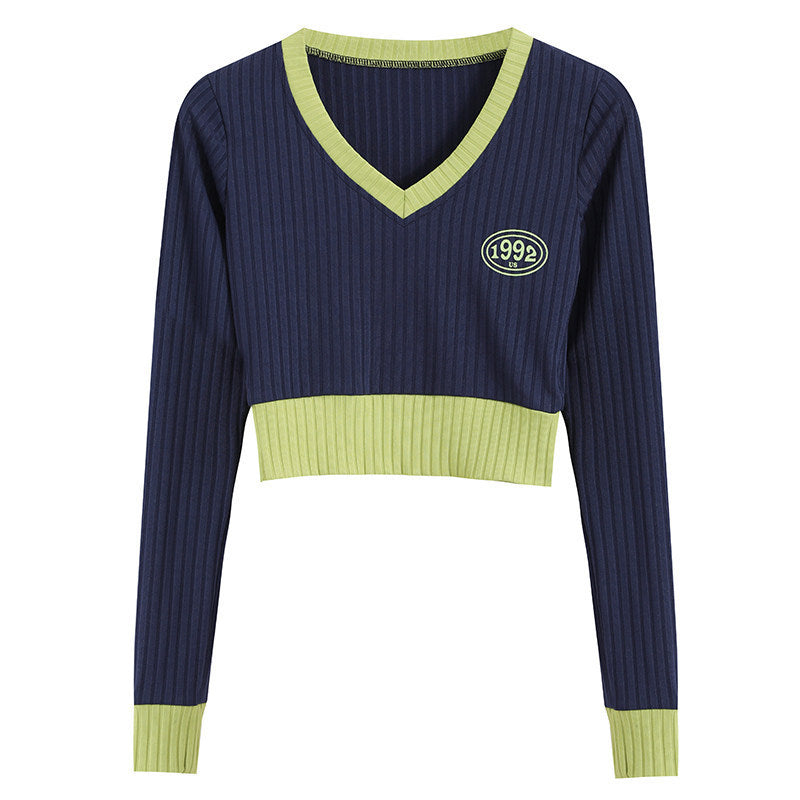Slim-fit V-neck Cropped Sweater – same ANTHEM. - Dark Blue / One size