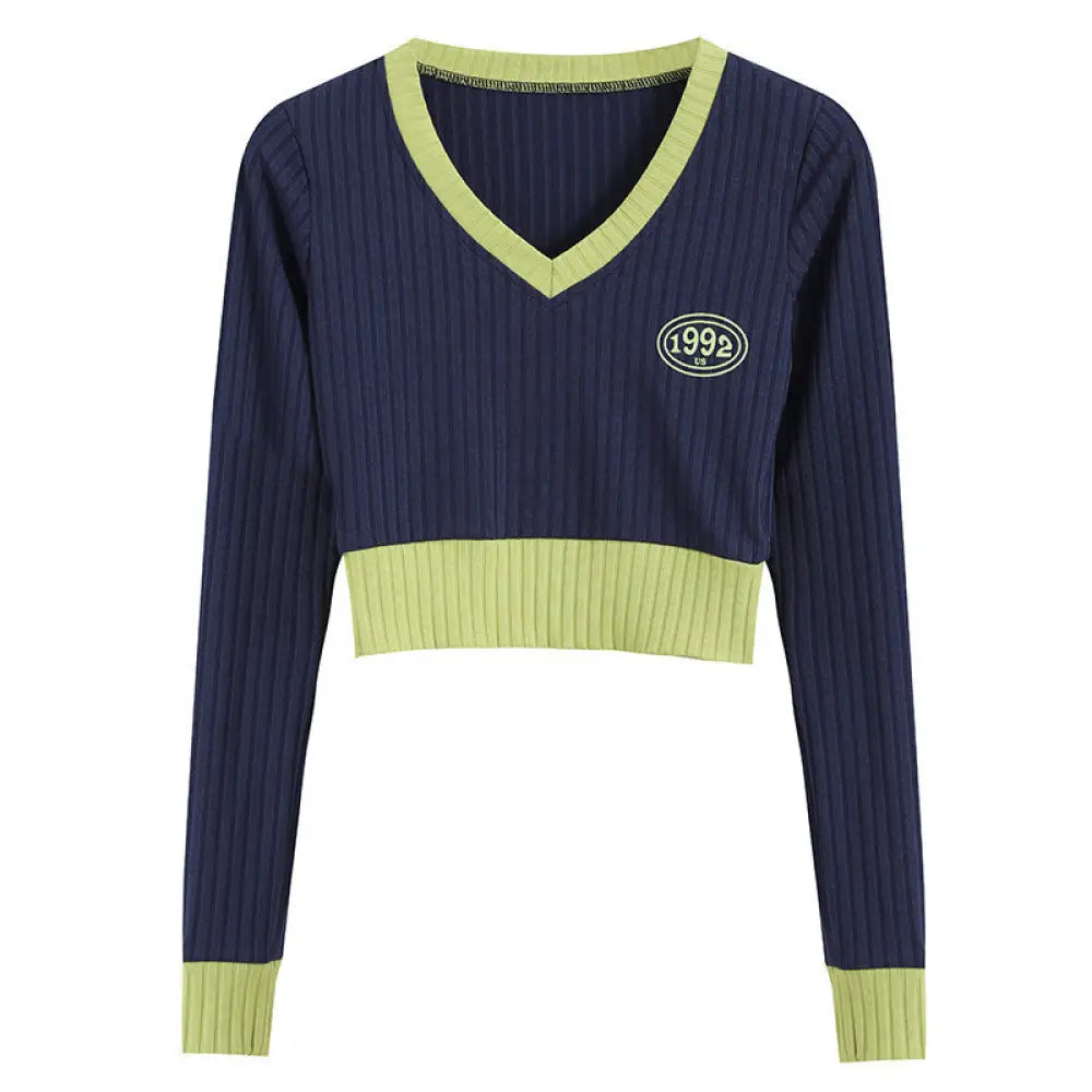 Slim-fit V-neck Cropped Sweater – same ANTHEM. - Dark Blue / One size