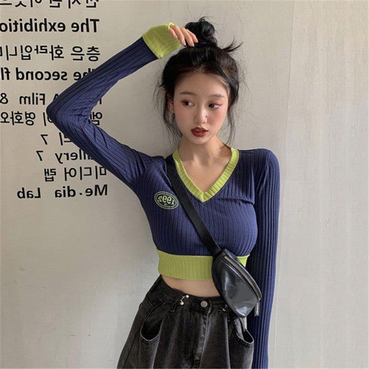 Slim-fit V-neck Cropped Sweater – same ANTHEM. - Dark Blue / One size