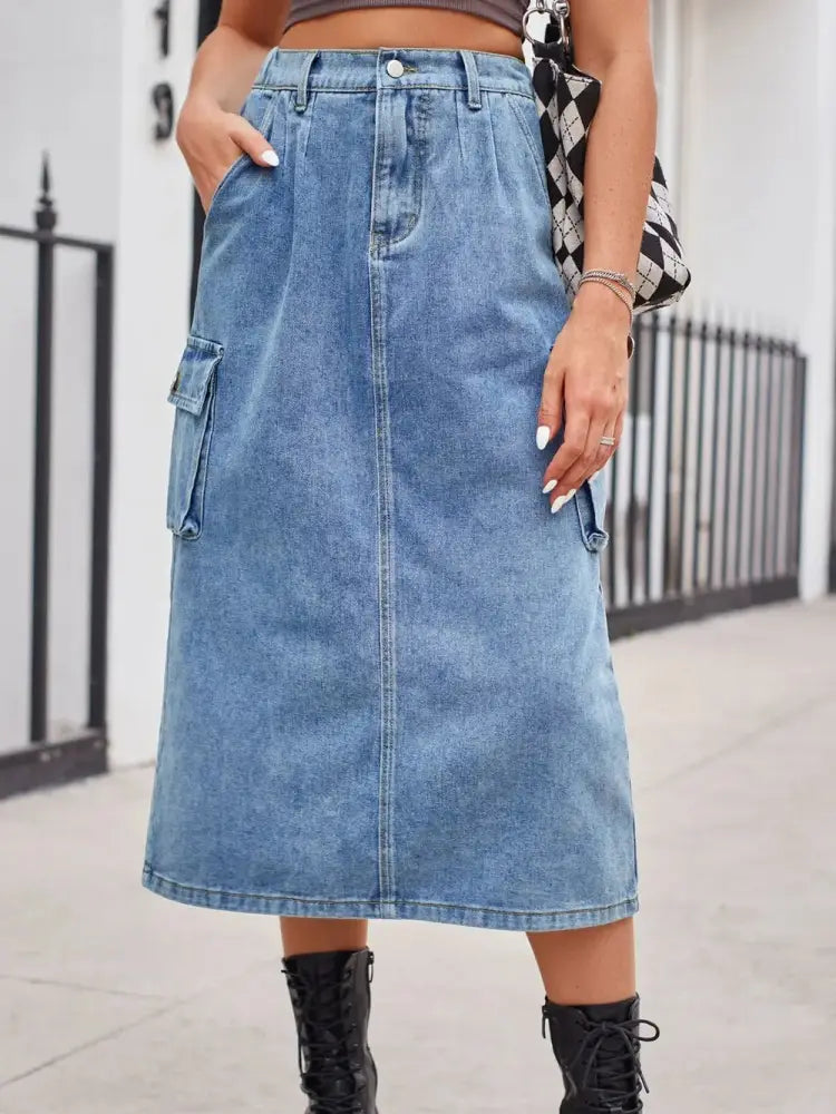 Slit Button Denim Skirt with Pockets – Streetwear Soulmate Style | same ANTHEM