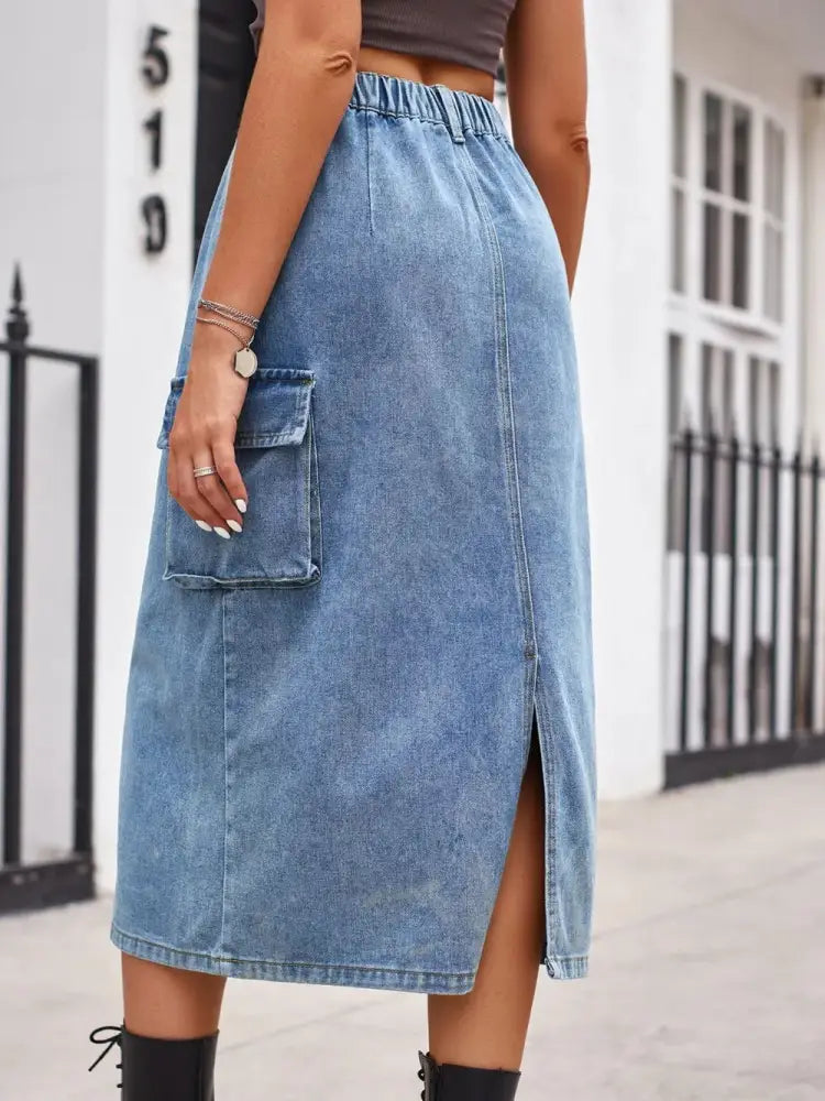 Slit Button Denim Skirt with Pockets – Streetwear Soulmate Style | same ANTHEM