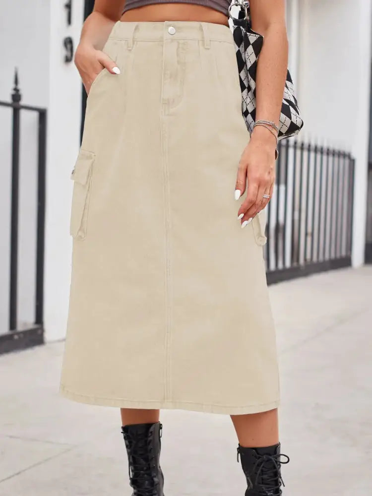 Slit Button Denim Skirt with Pockets – Streetwear Soulmate Style | same ANTHEM - Tan / 2XL