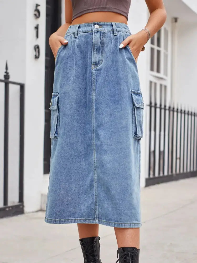 Slit Button Denim Skirt with Pockets – Streetwear Soulmate Style | same ANTHEM - Dusty Blue / 2XL