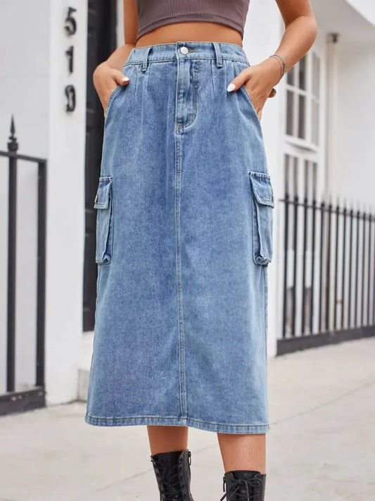 Slit Button Denim Skirt with Pockets – Streetwear Soulmate Style | same ANTHEM - Dusty Blue / 2XL