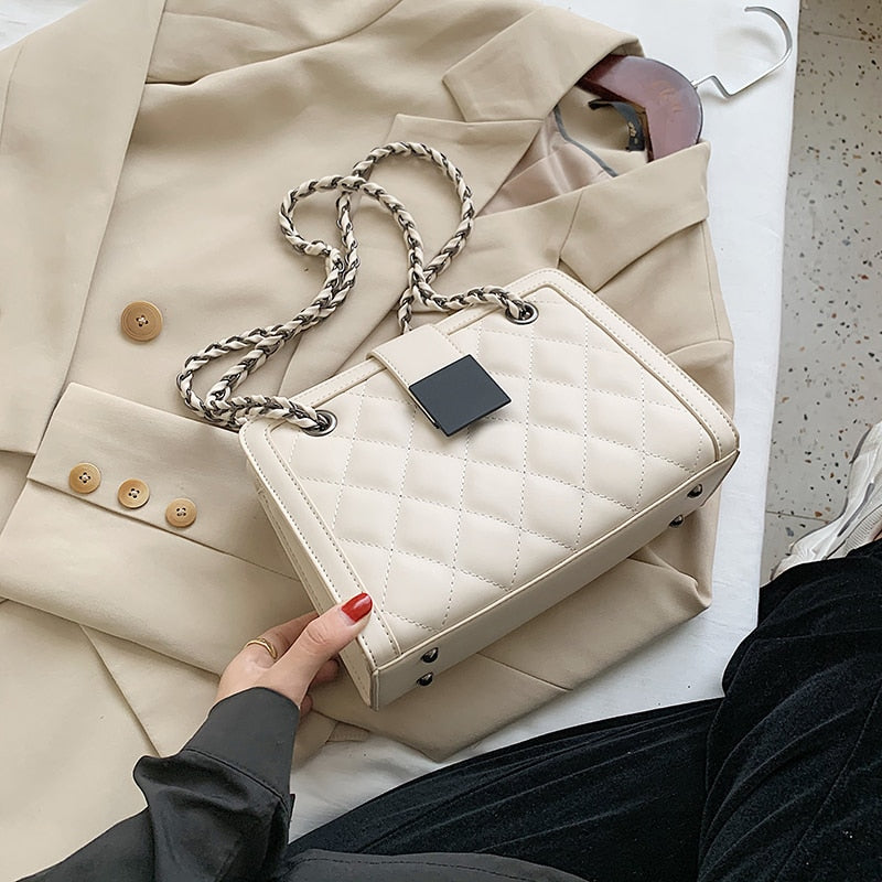 Small Black PU Leather Chain Bag | Soulmate Streetwear by same ANTHEM. - Beige / 24cmx17cmx10cm