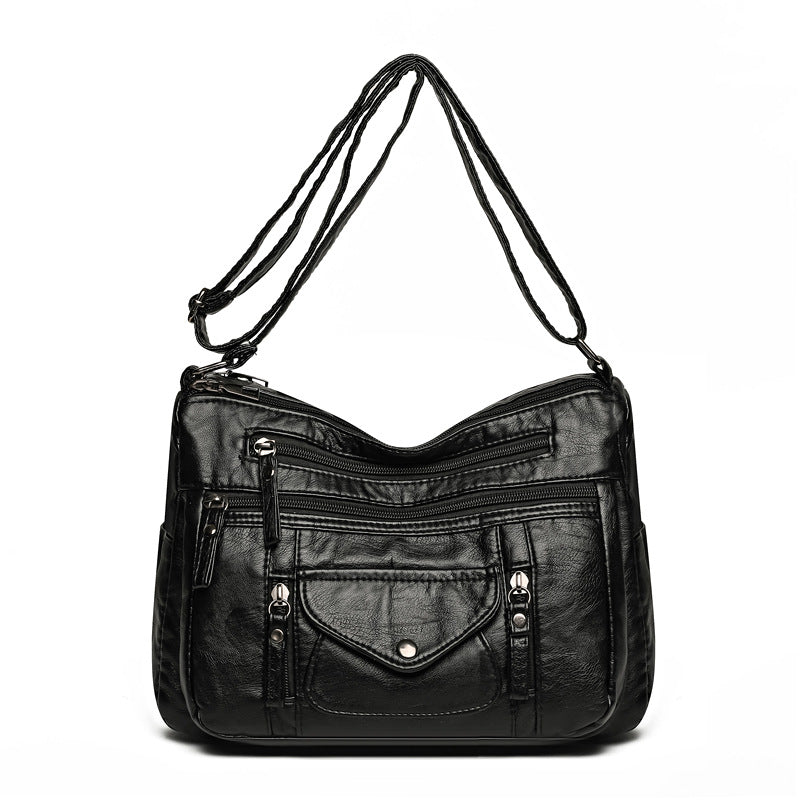 Soft Leather Large Capacity Shoulder Bag | same ANTHEM - Black