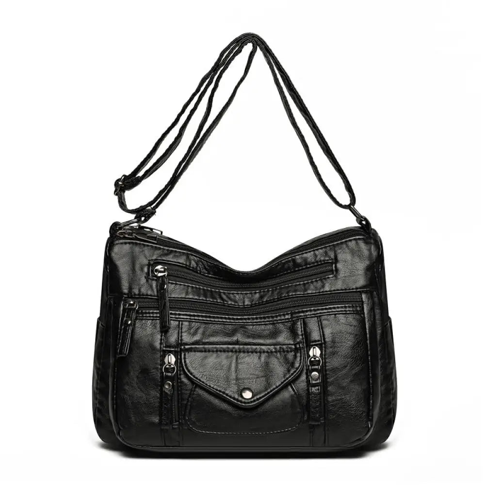 Soft Leather Large Capacity Shoulder Bag | same ANTHEM - Black