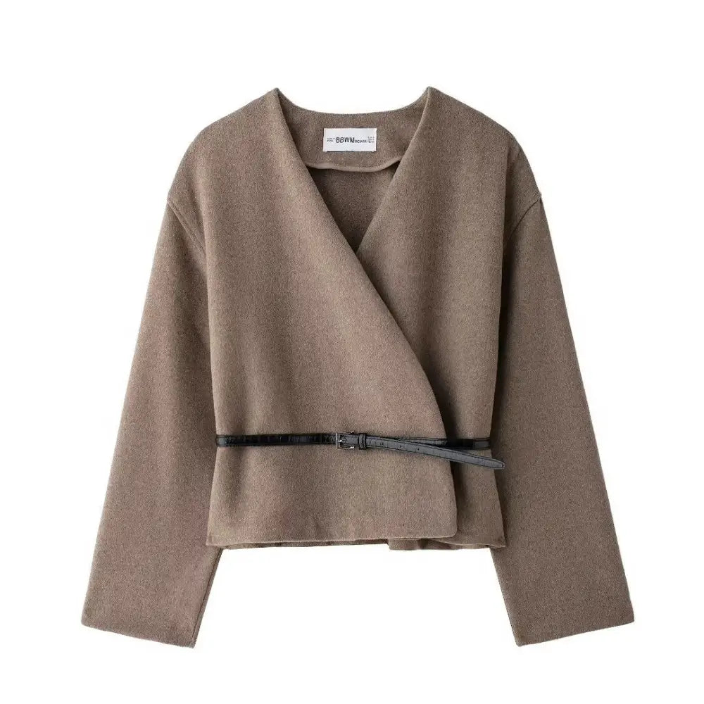 Soft V-Neck Belted Jacket – same ANTHEM. Soulmate Streetwear for Lovers - Light Brown Yellow / L