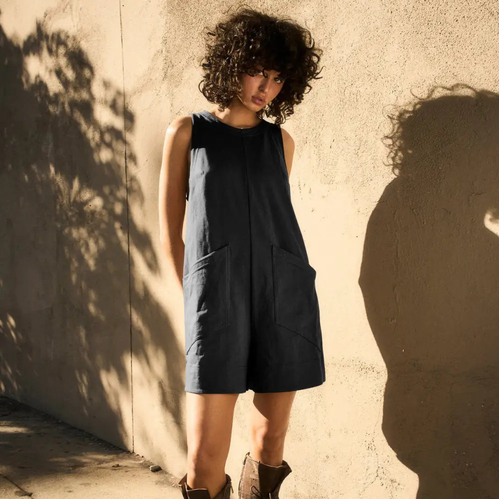 Solid Color Loose Onepiece with Pockets | Fashionable Summer Cargo Shorts Overalls for Women | Same Anthem - Black / L