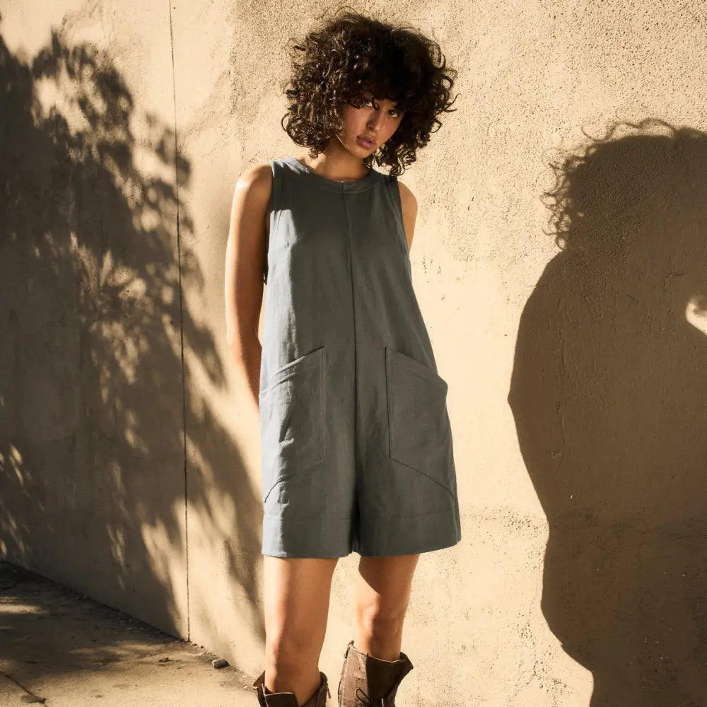 Solid Color Loose Onepiece with Pockets | Fashionable Summer Cargo Shorts Overalls for Women | Same Anthem - Dark Grey
