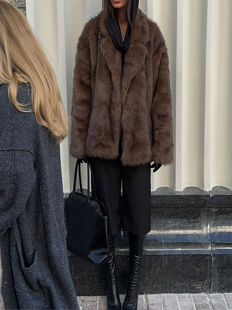 Solid Color Polo Collar Faux Fur Coat | Cozy Winter Streetwear | same ANTHEM. - Brown / L